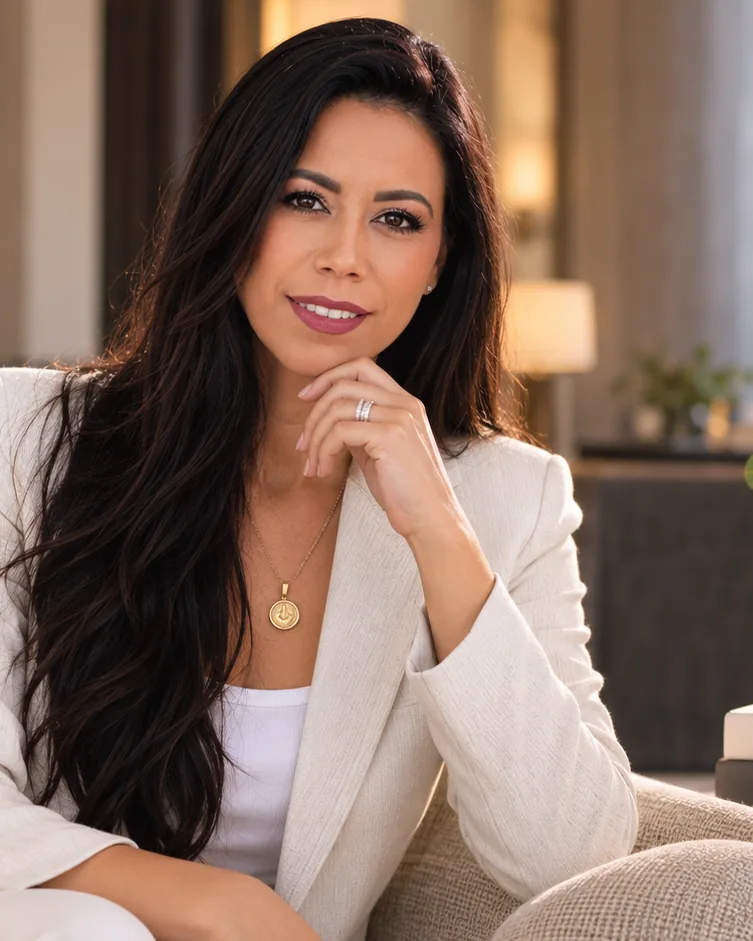 Portrait of Rebekah Samples in a cream blazer, seated in a warmly lit lounge