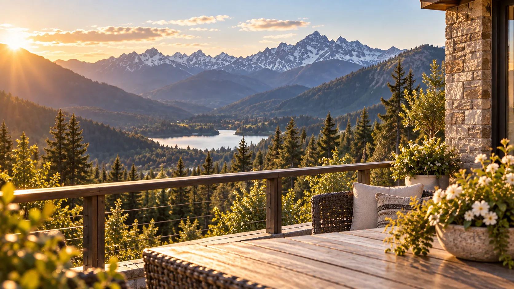 Golden-hour view from a mountain terrace over forest, a lake and snow-capped peaks