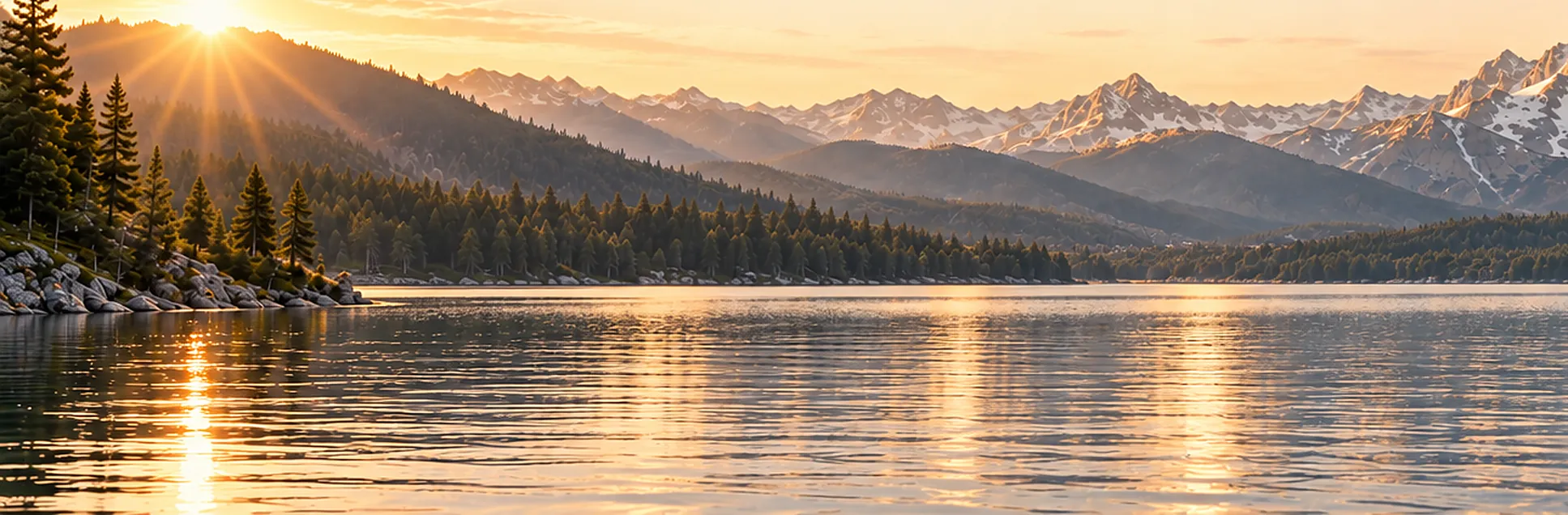 Sunrise over a mountain lake, with pine forest and a distant range