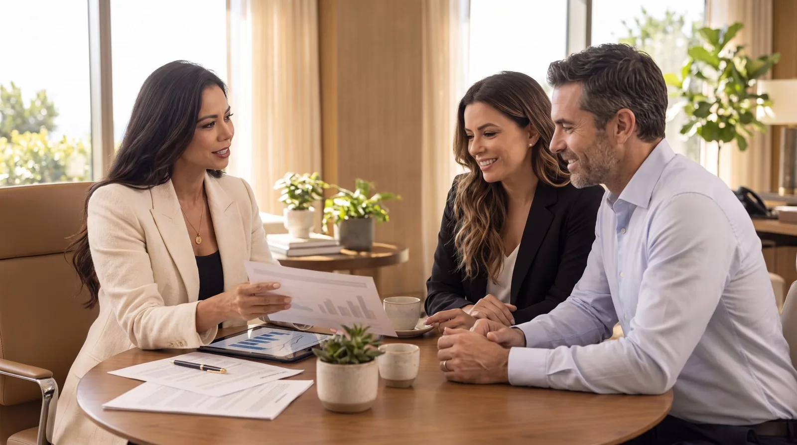 Rebekah walking a couple through their financial plan at a table